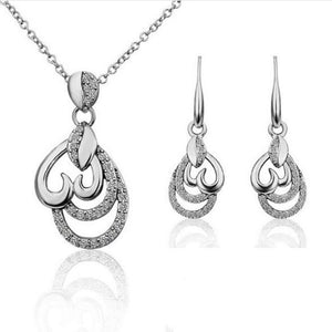 Silver Heart Drop Pendant Necklace & Earrings Jewellery Set
