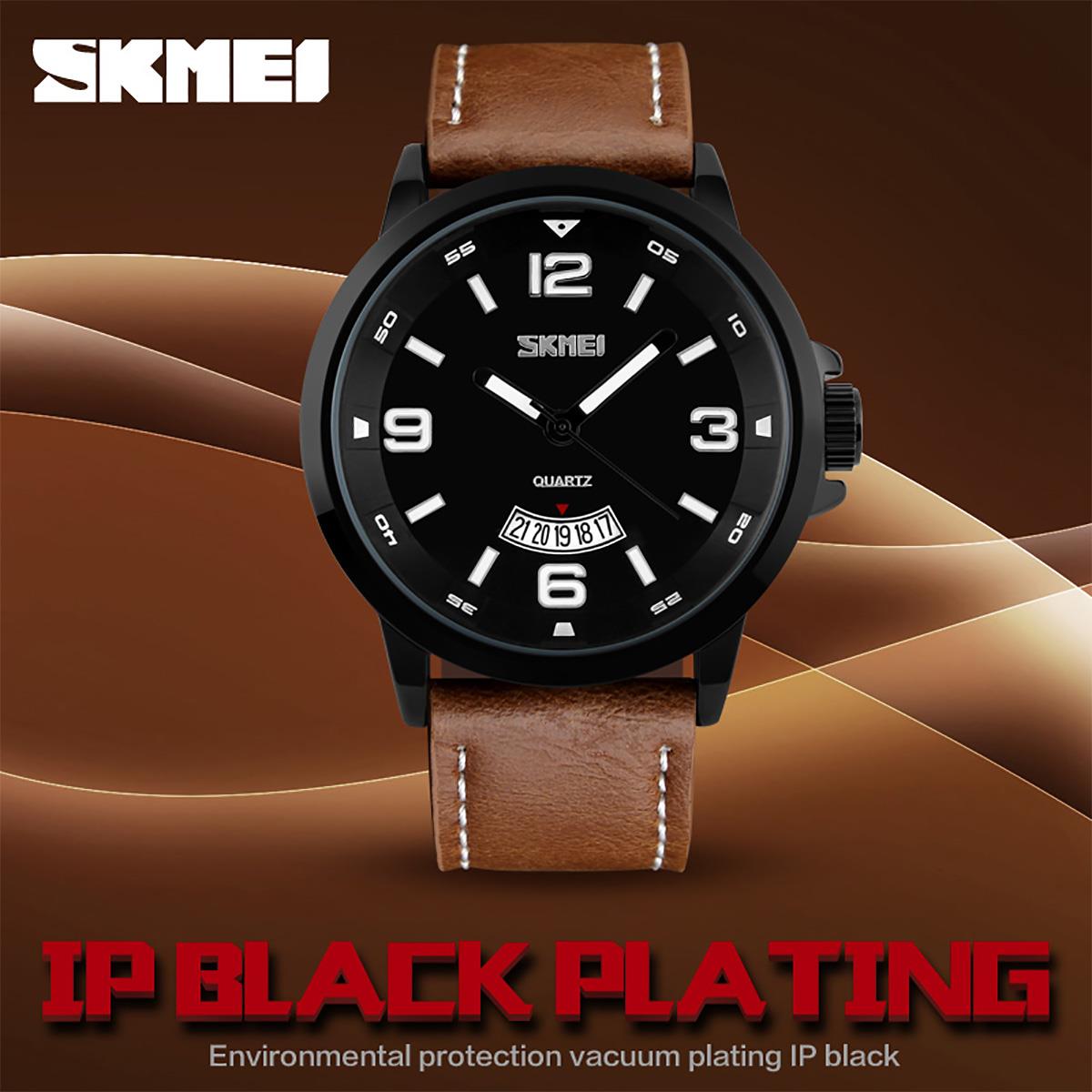 Skmei Mens Watch Brown Genuine Leather Strap Date Display Window SK9115BLA