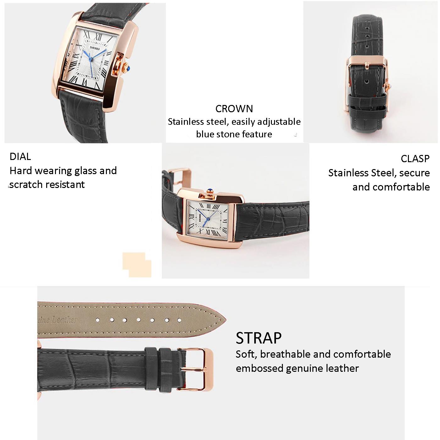 Skmei Women's Ladies Watch Square Rose Gold Roman Numerals Genuine Leather Strap Black