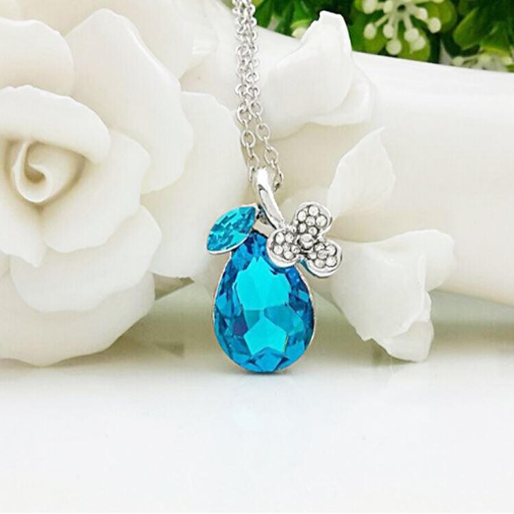 Women's Sky Blue Diamante Crystal Silver Tone Flower Petal Teardrop Pendant Necklace UK