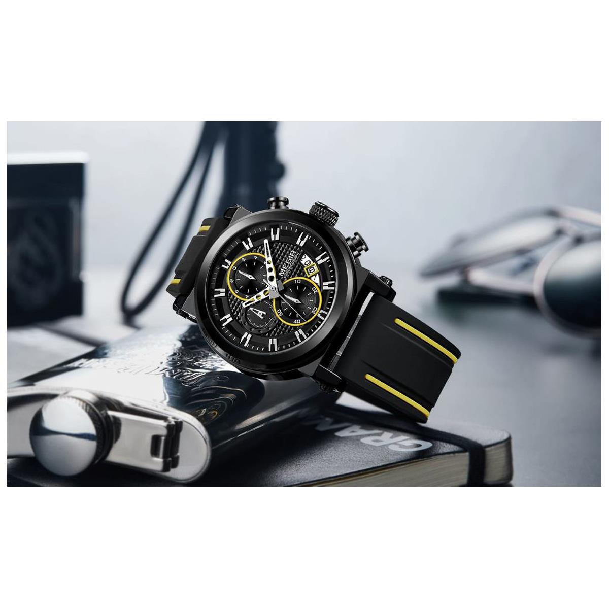 Megir Mens Round Quartz Analogue Luxury Watch Black Yellow Watches Rubber Strap UK