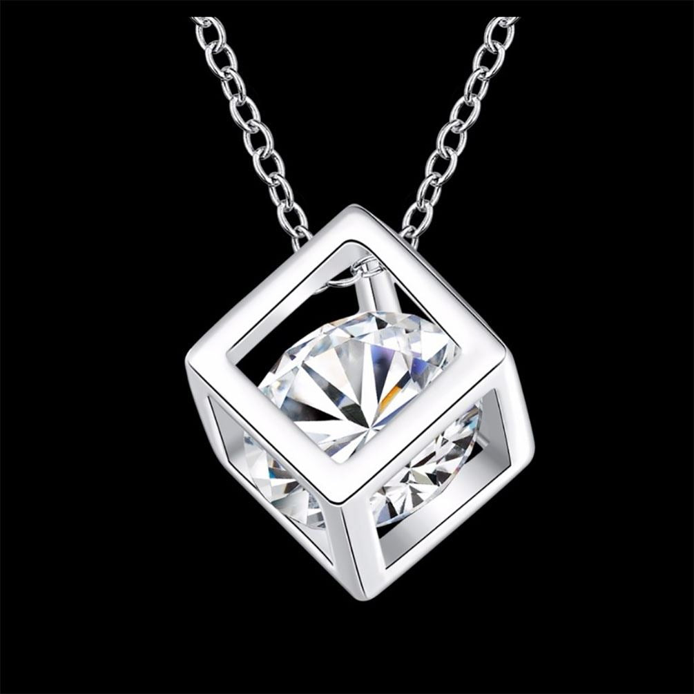 Charles William Women's Girl's Silver Cube Necklace With Crystal Stone Unique Gift Stocking Filler UK