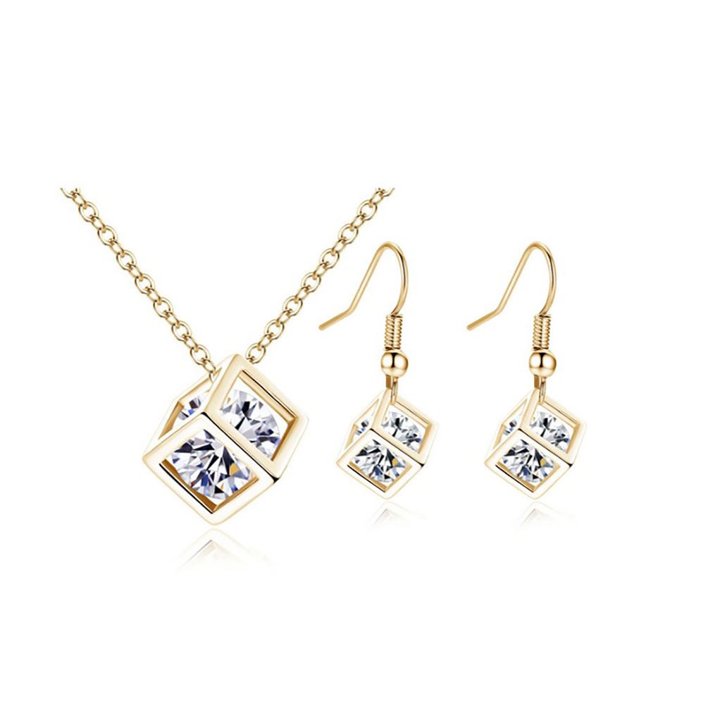 Charles William Women's Gold Cube Necklace & Earrings Set With Crystal Stone Unique Gift Stocking Filler UK