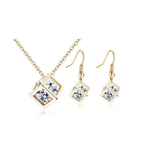 Charles William Women's Gold Cube Necklace & Earrings Set With Crystal Stone Unique Gift Stocking Filler UK