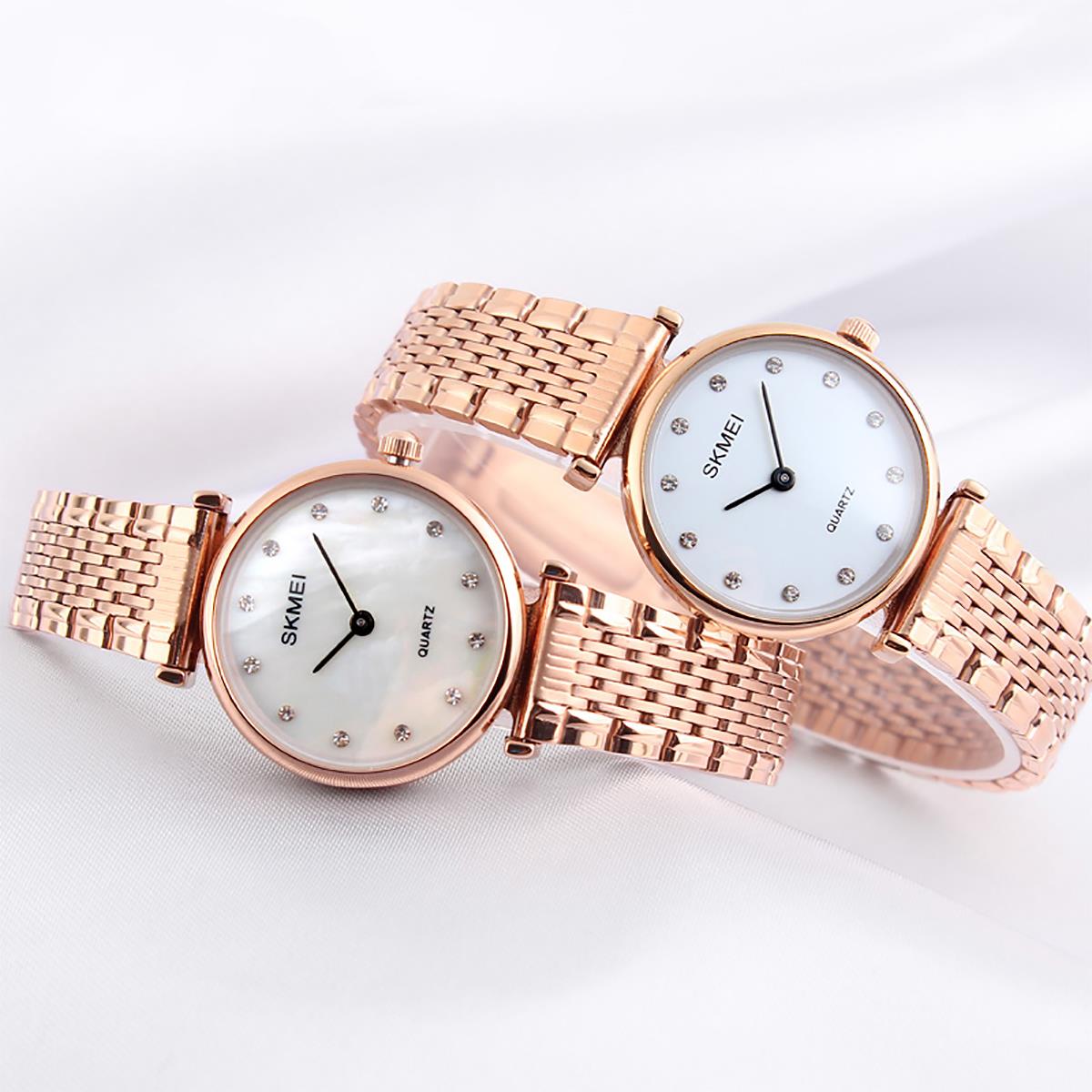 Skmei Women's Ladies Watch Rose Gold White Intricate Link Strap Crystal Stones SK1223