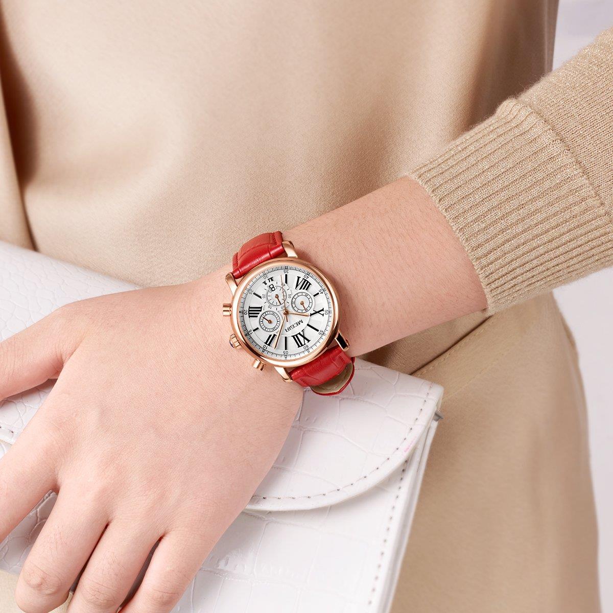 Megir Ladies Round Quartz Analogue Watch Red Rose Gold Smart Watches Leather