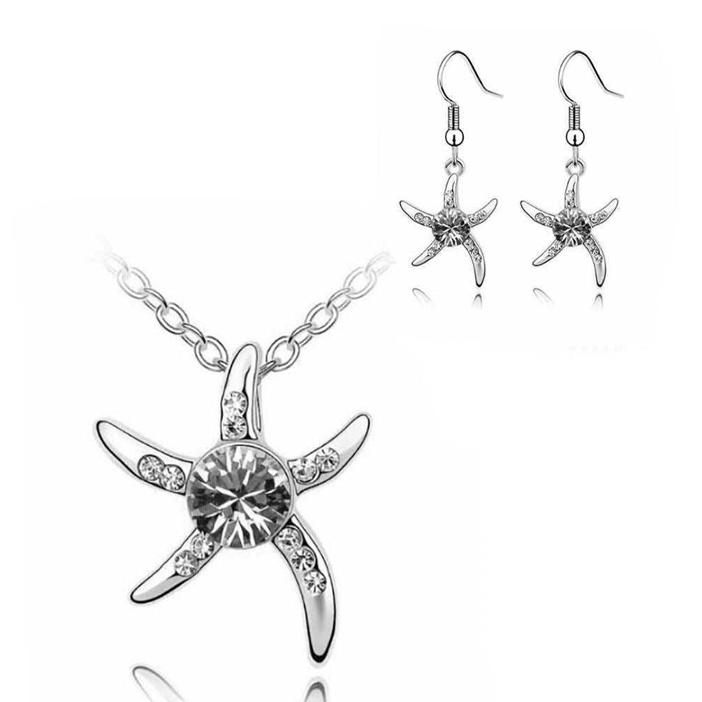 Women's Silver Starfish Necklace & Earring Set Crystal Stone Present Gift UK