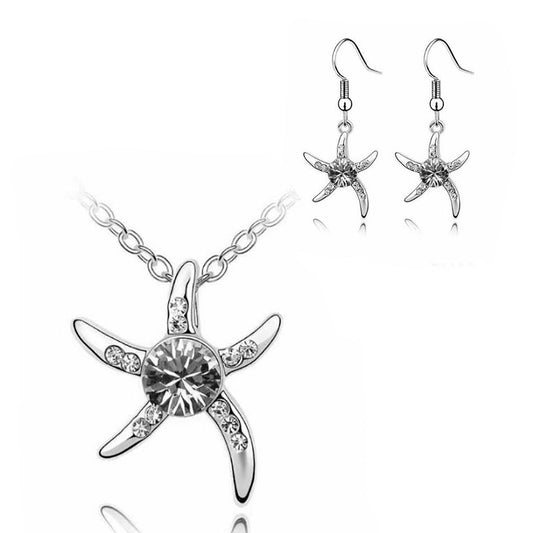 Women's Silver Starfish Necklace & Earring Set Crystal Stone Present Gift UK