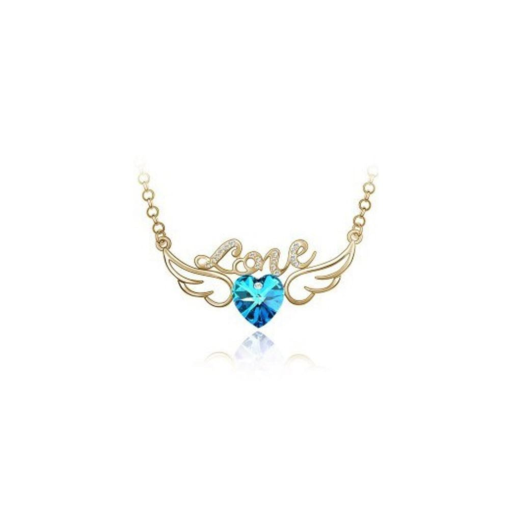 Women's Sky Blue & Gold 'Love' Pendant Necklace Angel Wings Crystal Stones Unique UK