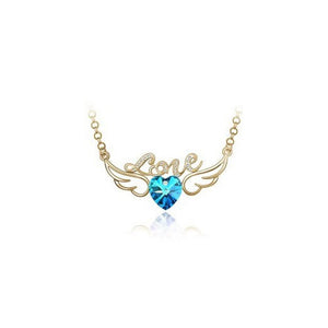 Women's Sky Blue & Gold 'Love' Pendant Necklace Angel Wings Crystal Stones Unique UK
