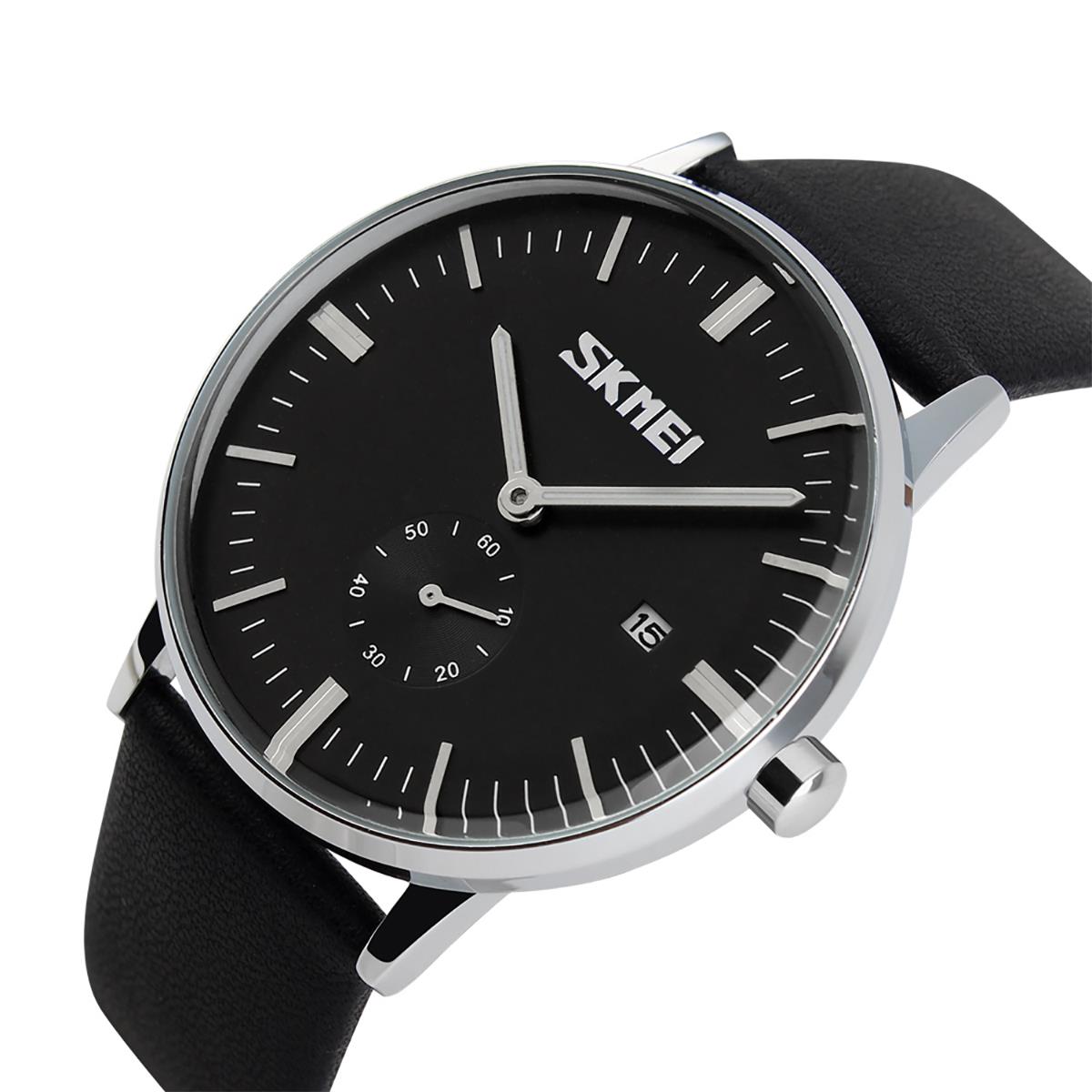 Skmei Mens Black Classic Watch Genuine Comfort Leather Strap Date Display SK9083