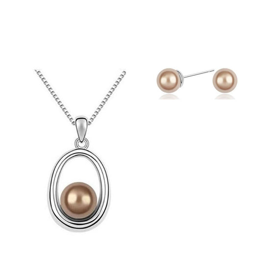 Beautiful Pearl Style Jewellery Set Pendant Necklace & Stud Earrings Gold Stone Women's Gift