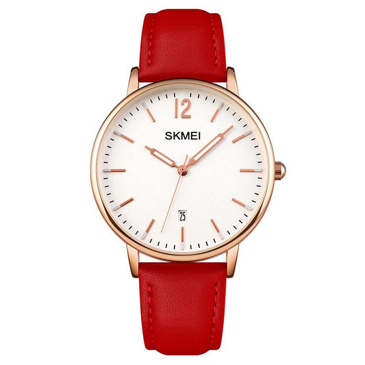 Skmei Women's Ladies Watch Classic Clear Dial Date Display Genuine Leather Strap Red