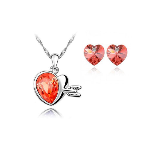 Charles William Love Hearts Silver Elegant Drop Earrings & Necklace Jewellery Set Orange