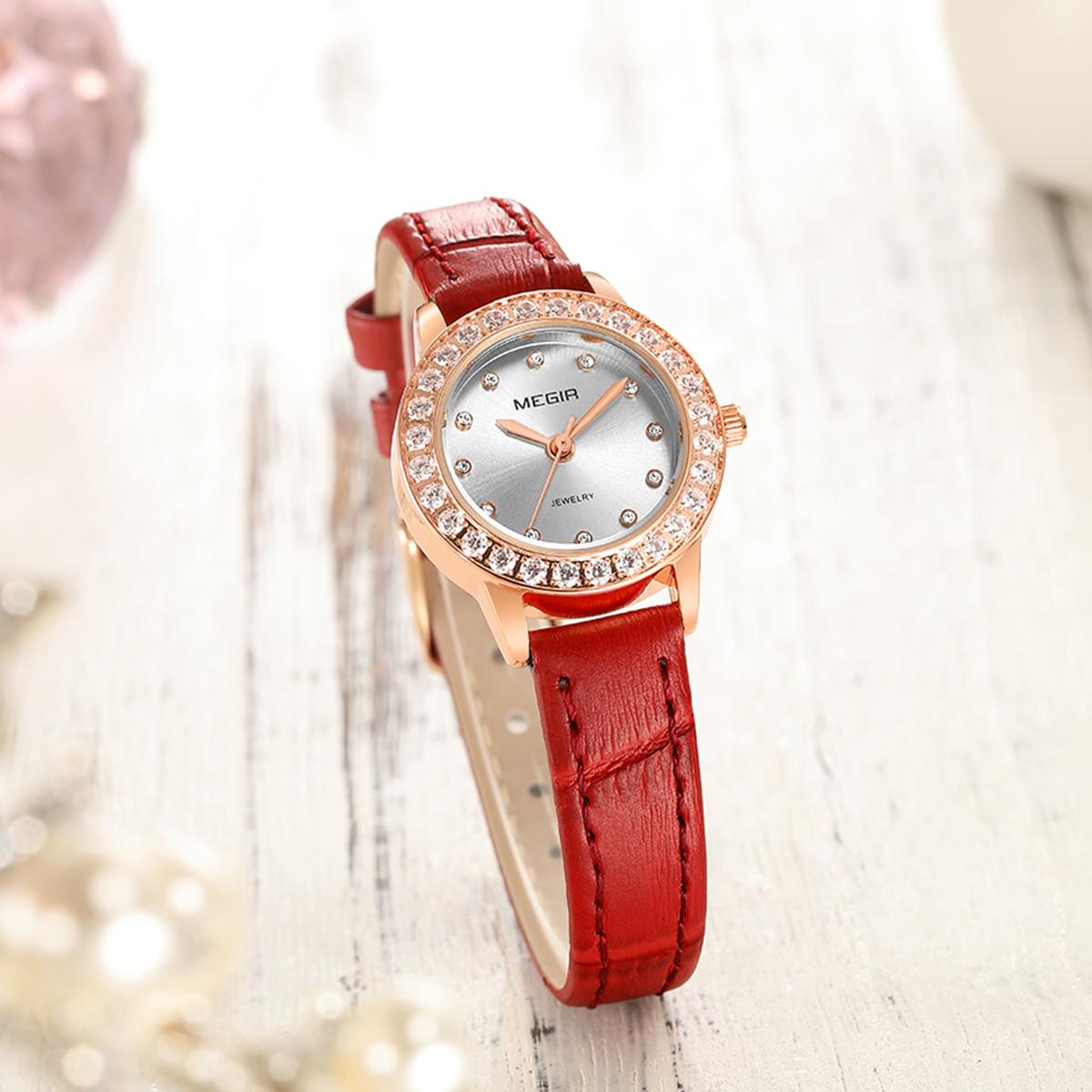 Megir Ladies Round Quartz Analogue Luxury Watch Rose Gold Smart Watches Leather