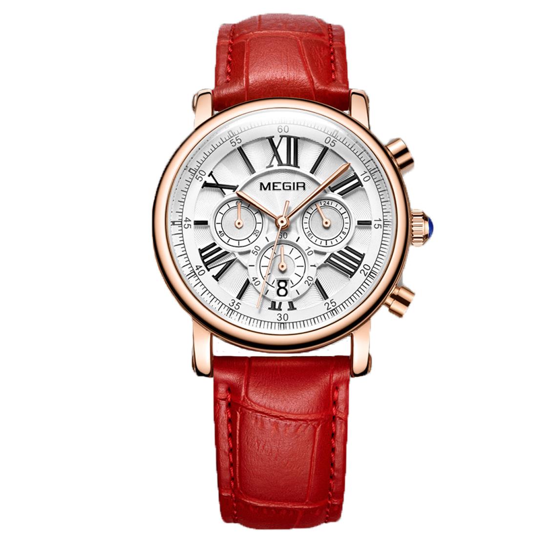 Megir Ladies Round Quartz Analogue Watch Red Rose Gold Smart Watches Leather