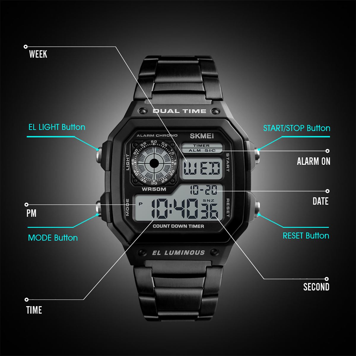 Skmei Black Smart Mens Digital Watch Clear Display Stainless Steel Strap Date Alarm Stopwatch DG1335S