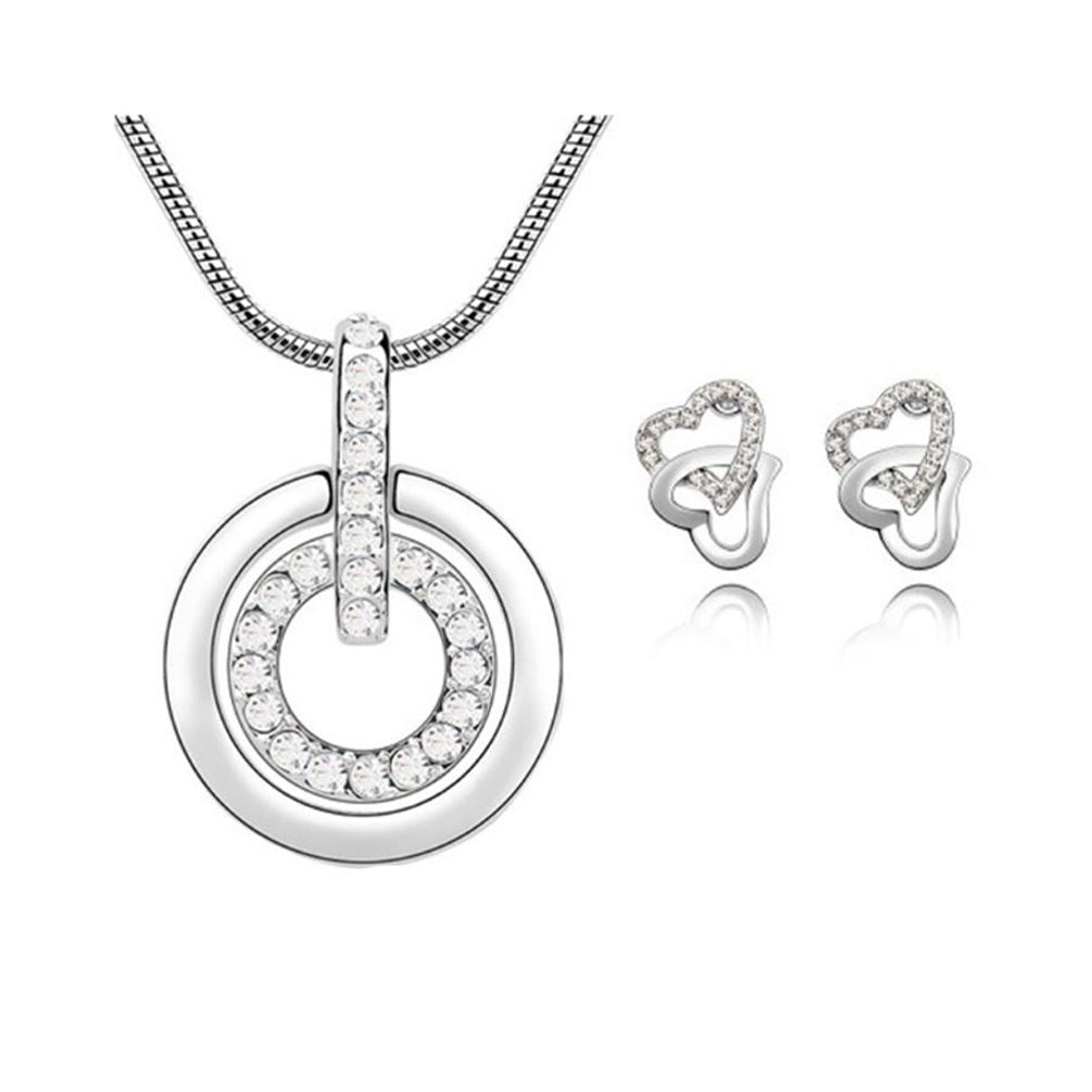 Women's Clear Stones Circle Pendant Necklace With Matching Love Heart Earrings Set UK