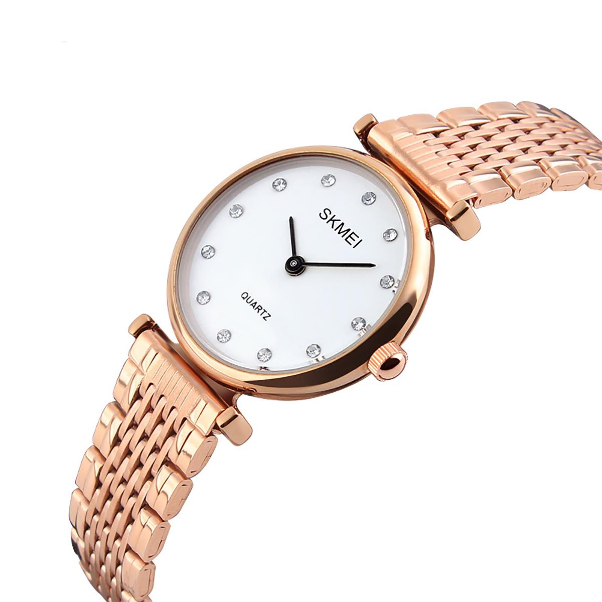 Skmei Women's Ladies Watch Rose Gold White Intricate Link Strap Crystal Stones SK1223