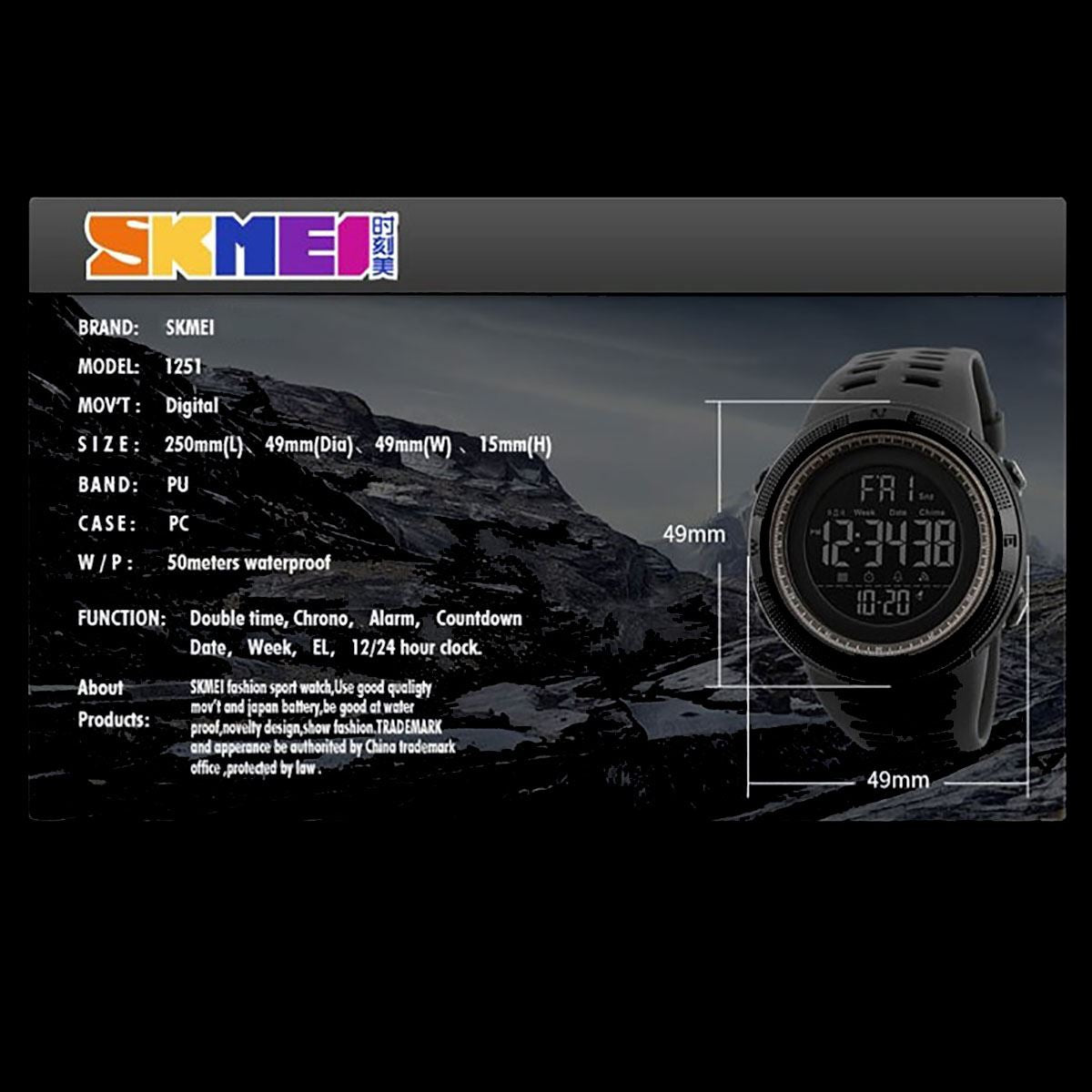 Skmei Mens Large Display Digital Watch Resin Strap Stopwatch Alarm DG1251