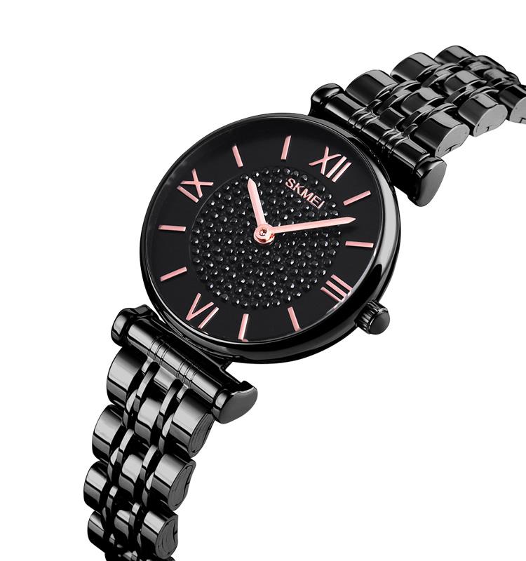 Skmei Women's Ladies Watch Black Classic Sparkle Clear Dial Crystal Stones Stainless Steel Strap