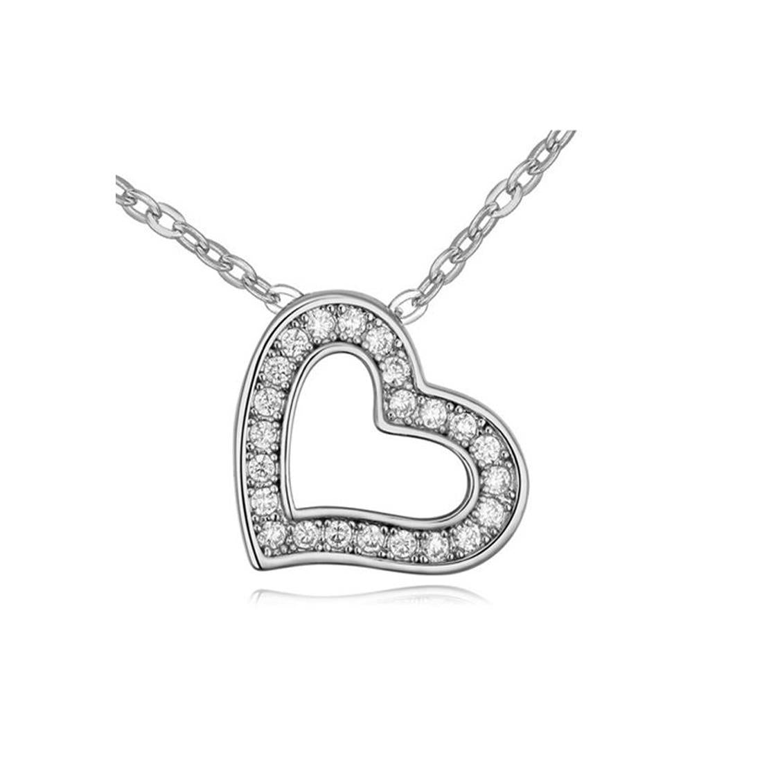 Women's Love Heart Pendant Necklace With Encrusted Crystal Stones Silver Tone UK BG1303