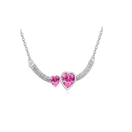 Women's Double Heart Love Pink Crystal Pendant Necklace Stones UK Seller