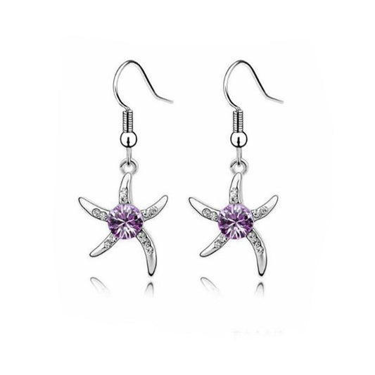 Women's Silver Starfish Earrings Purple Crystal Stone Gift Stocking Filler UK