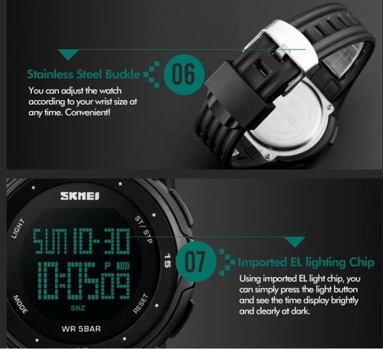 SKMEI Mens Large Display Digital Watch Resin Strap Stopwatch Alarm 50m DG1219