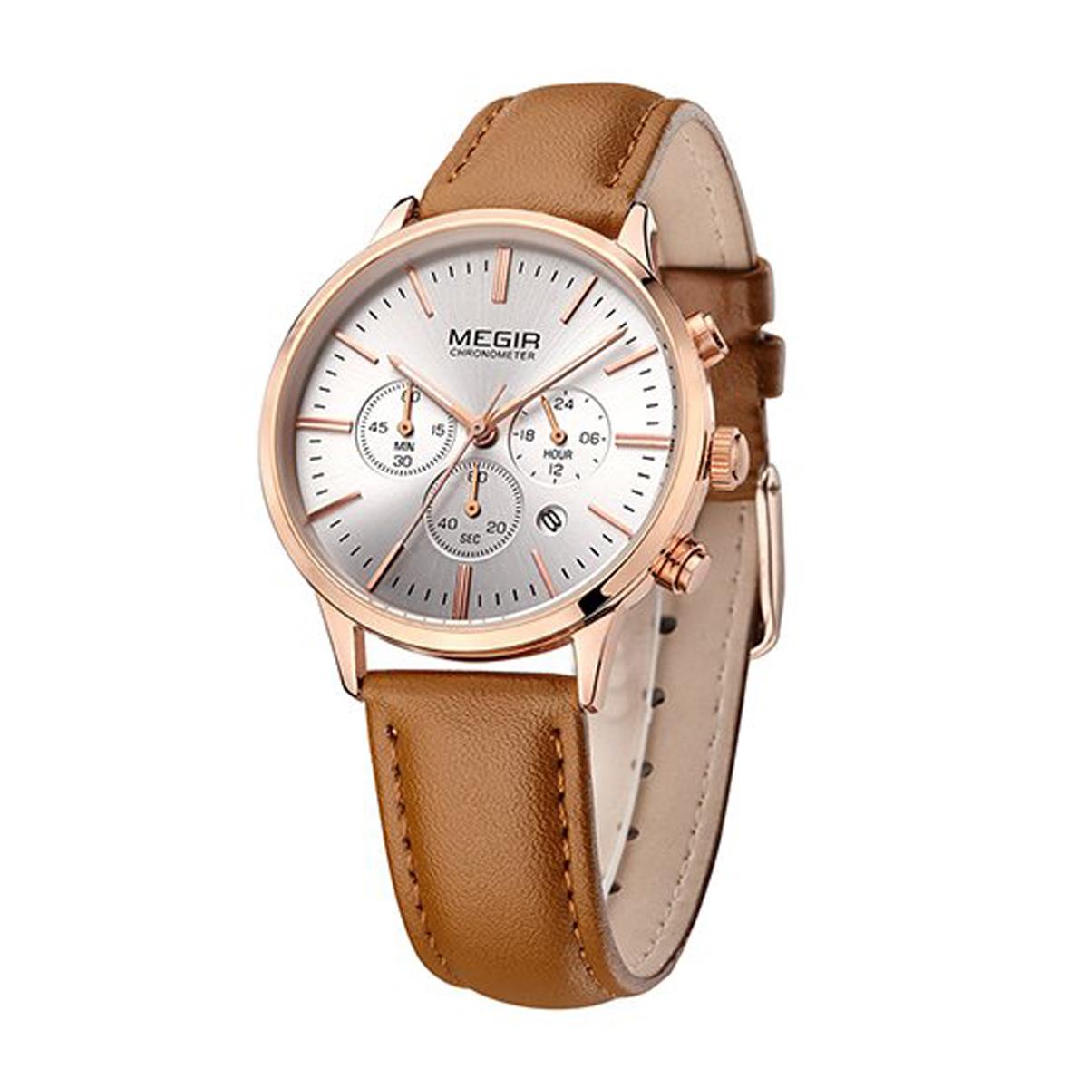 Megir Ladies Round Quartz Analogue Luxury Watch Rose Gold Watches Brown Leather UK