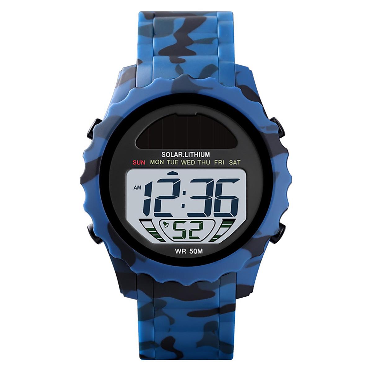 Skmei Mens Solar Powered Digital Watch ResinStrap Alarm Light Stopwatch Camo Blue