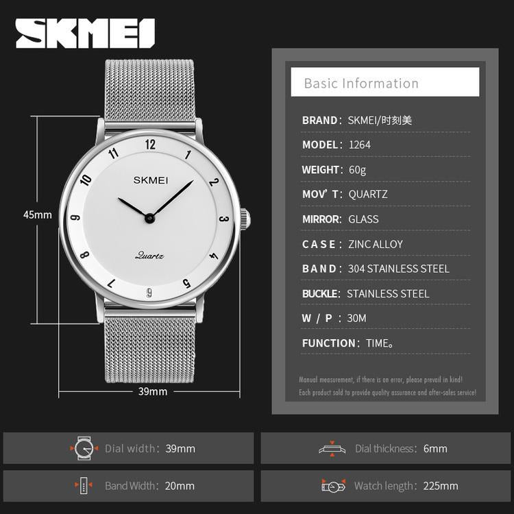 Skmei Mens Watch Classic Silver Dial Ultra Thin Stainless Steel Mesh Strap White Black