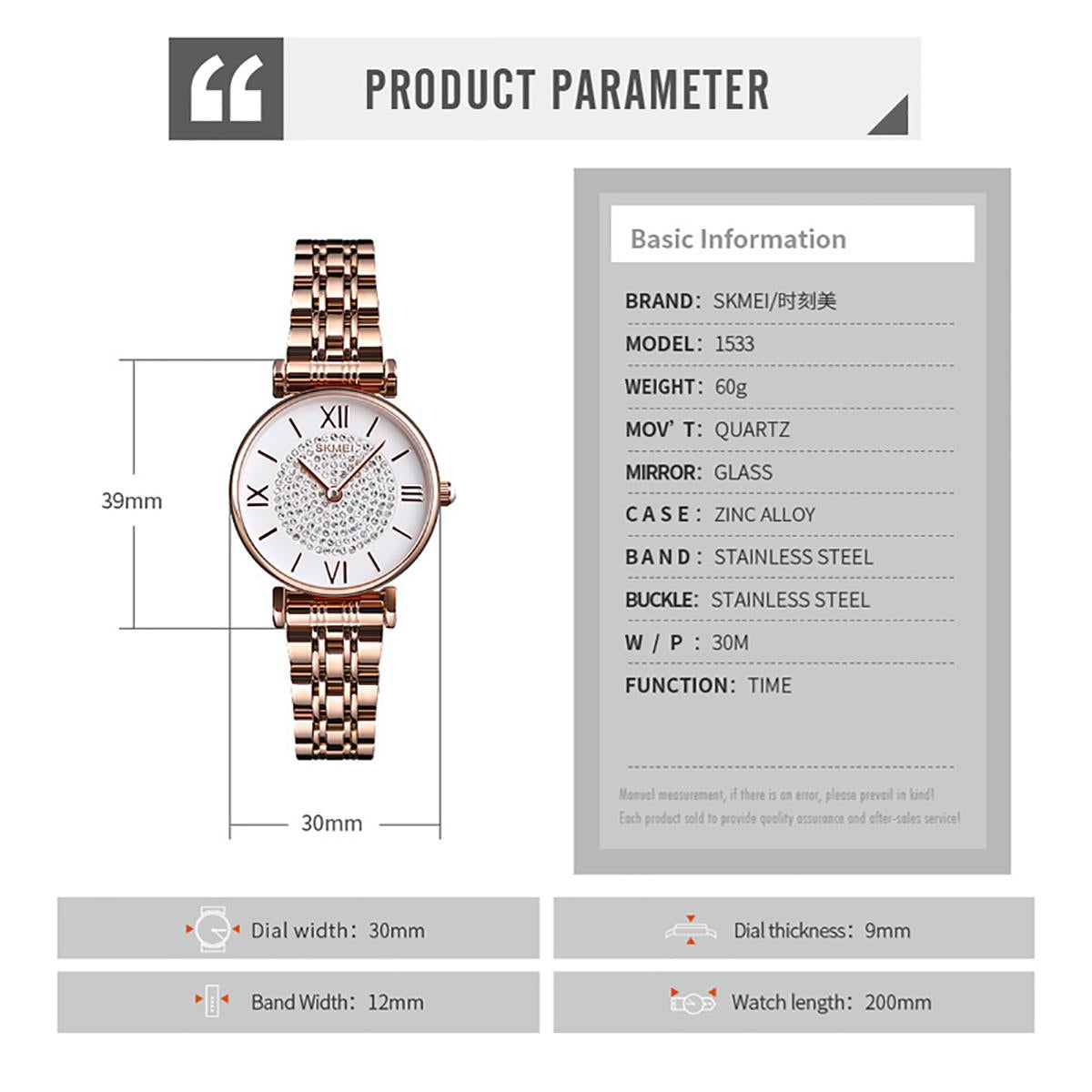 Skmei Women's Watch Rose Gold Classic Sparkle Clear Dial Crystal Stones Stainless Steel Strap