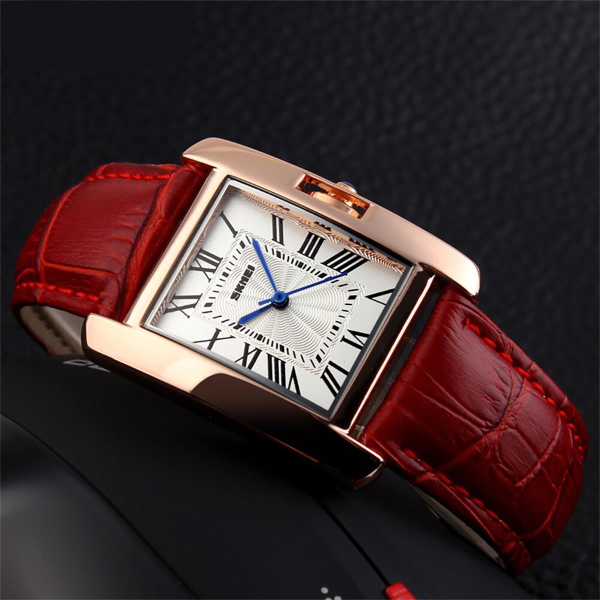 Skmei Beautiful Women's Ladies Watch Square Rose Gold Roman Numerals Genuine Leather Strap 1085R