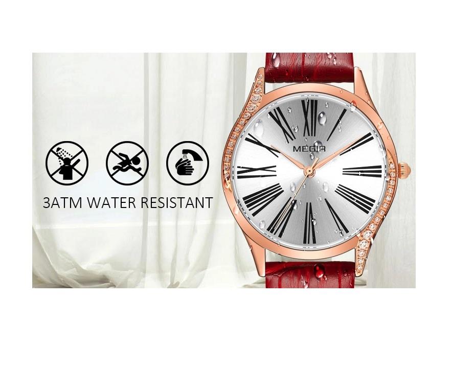 Megir Ladies Round Quartz Analogue Luxury Watch Rose Gold Watches Red Leather UK