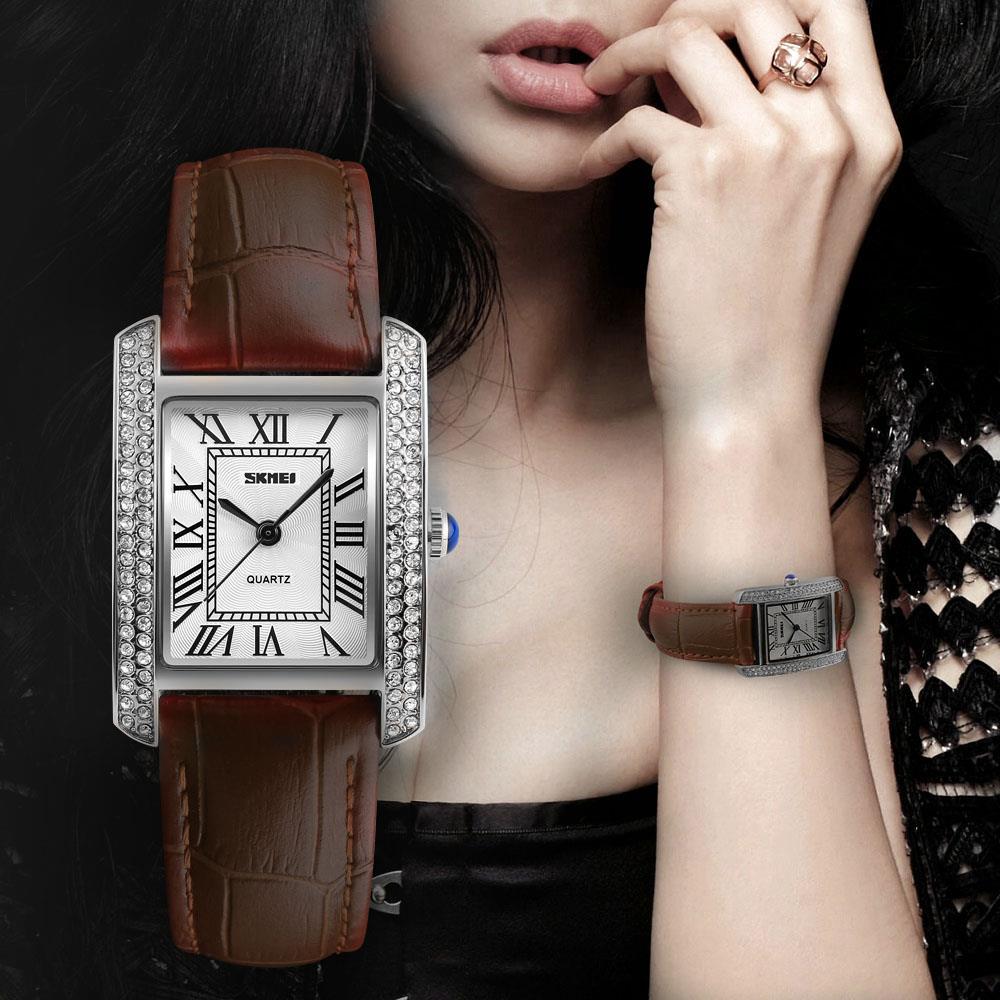 Skmei Women's Ladies Watch Classic Roman Genuine Leather Crystal Stones Brown Silver