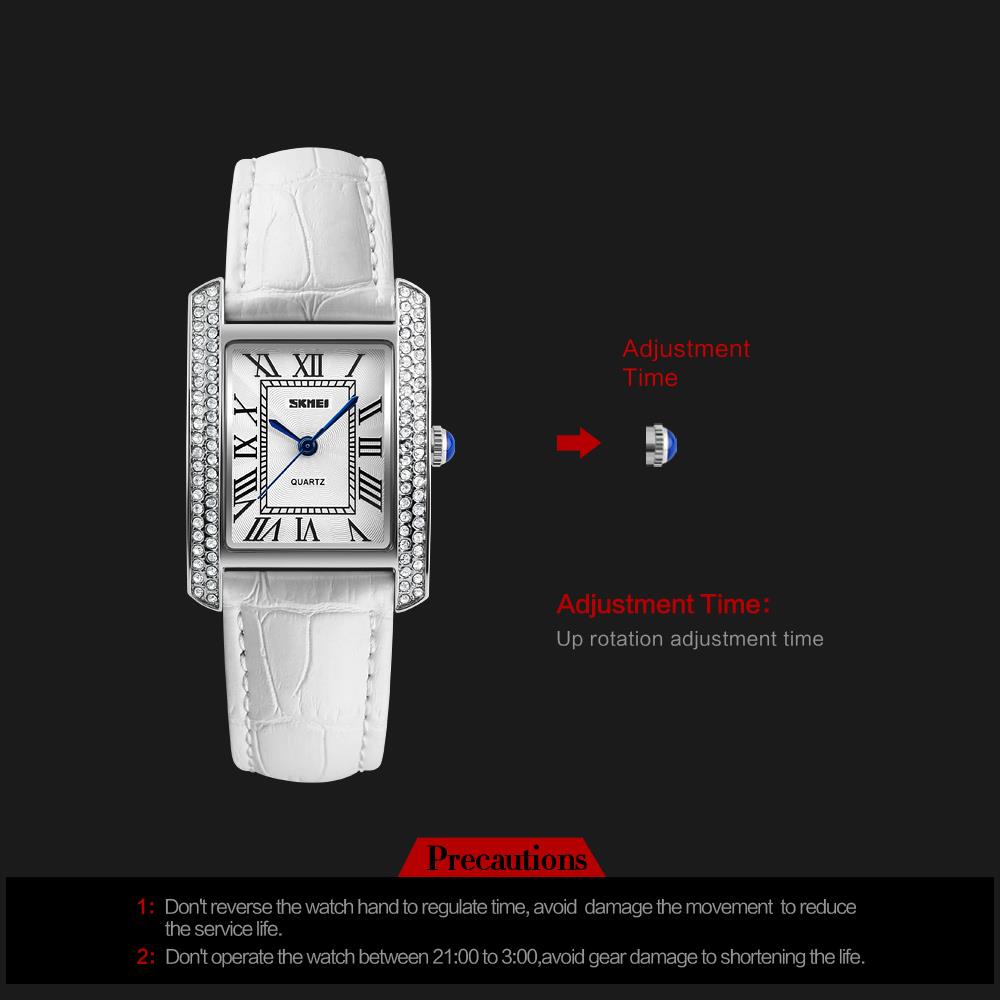 Skmei Women's Ladies Watch Classic Roman Genuine Leather Crystal Stones White Silver