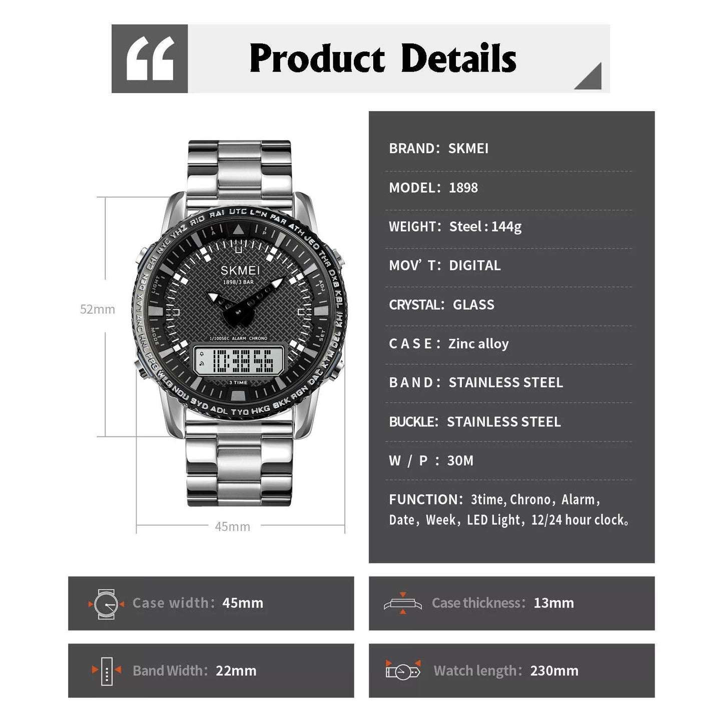 Skmei Mens Large Display Dual Time Digital And Analogue Watch Stopwatch Alarm Light Metal Strap DG1898