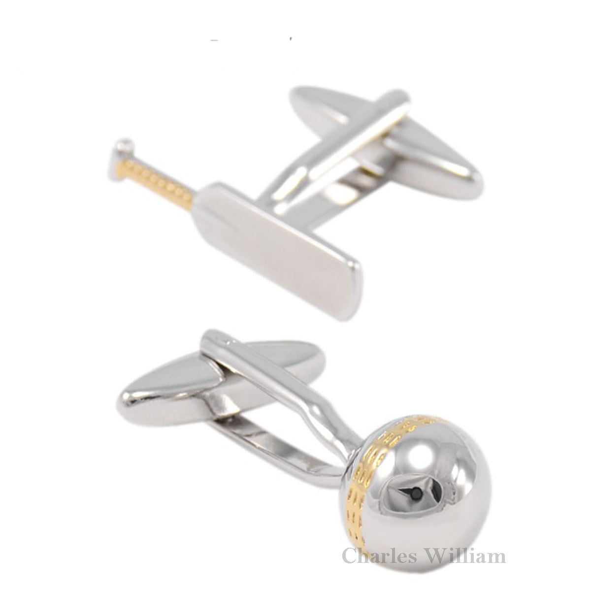 Charles William Silver Cricket Set Novelty Cufflinks Wedding Business Free Gift Pouch