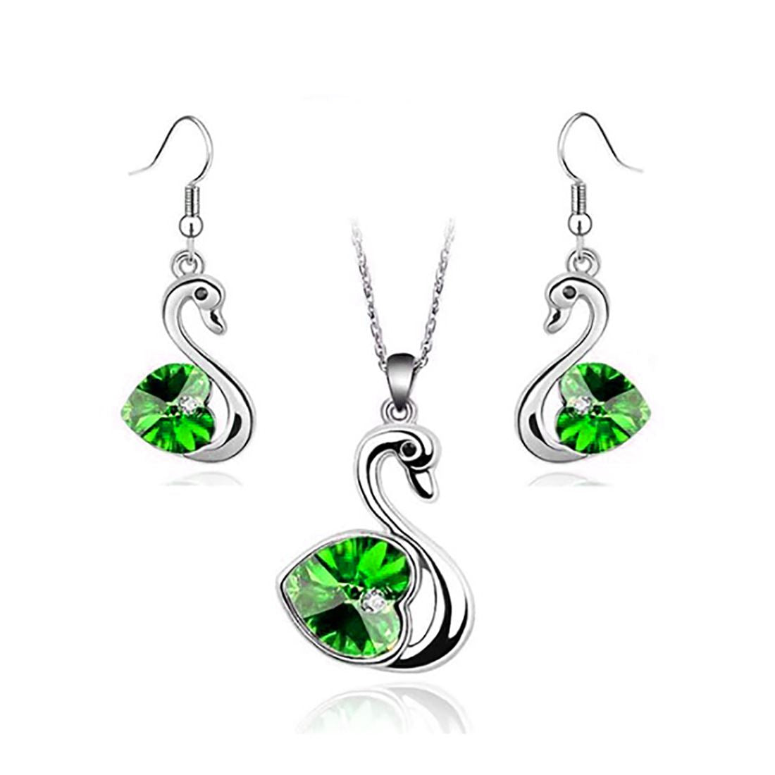 Crystal Love Heart In Green Swan Jewellery Set Earrings And Matching Necklace Silver