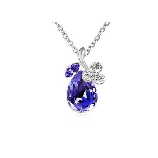 Women's Purple Diamante Crystal Silver Tone Flower Petal Teardrop Pendant Necklace UK