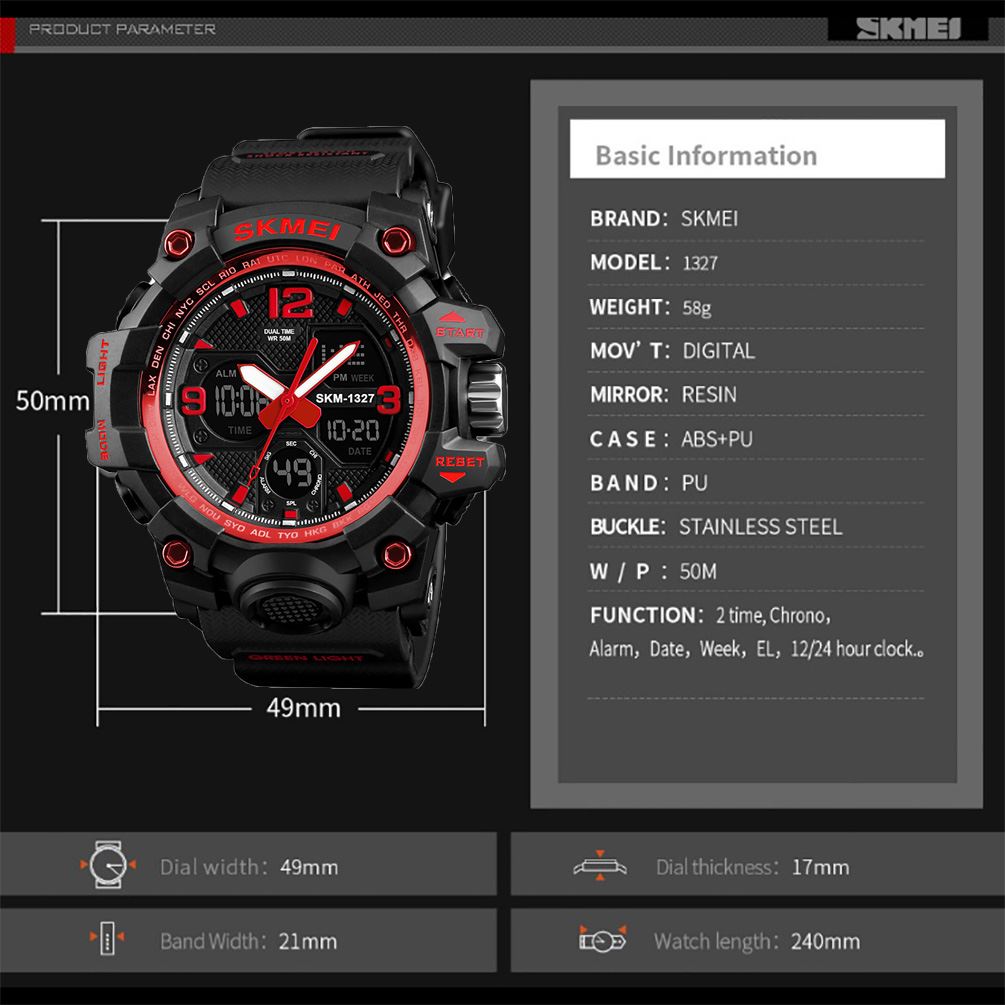 SKMEI Mens Large Dual Analogue And Digital Display Red Watch Resin Strap Stopwatch Alarm DG1327R