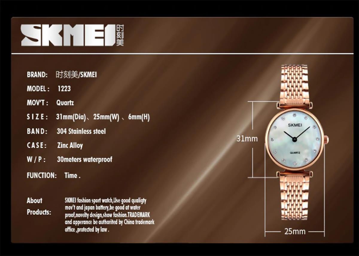 Skmei Women's Ladies Watch Rose Gold Mother Of Pearl Mesh Strap Crystal Stones SK1223