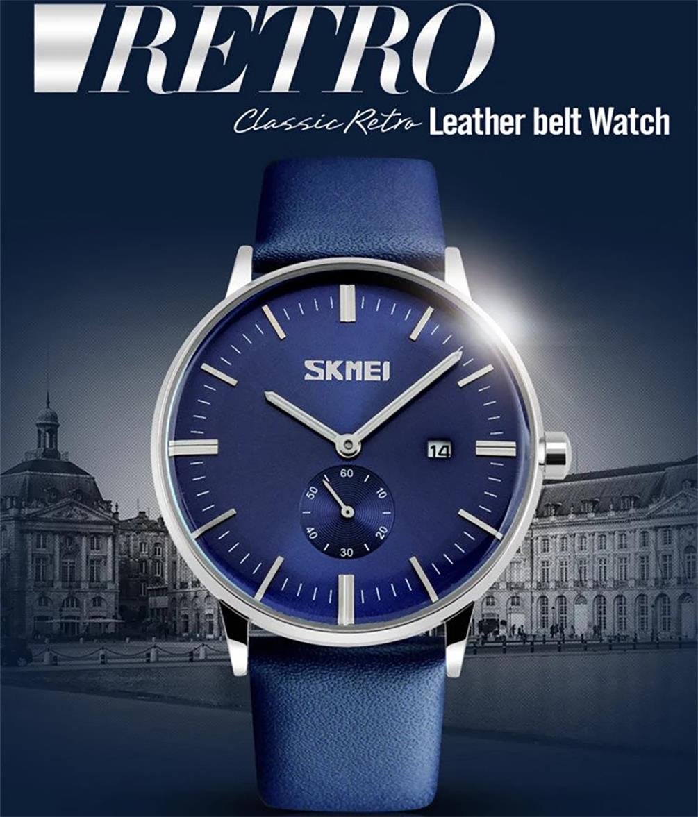 Skmei Mens Blue Classic Watch Genuine Leather Strap Date Display SK9083