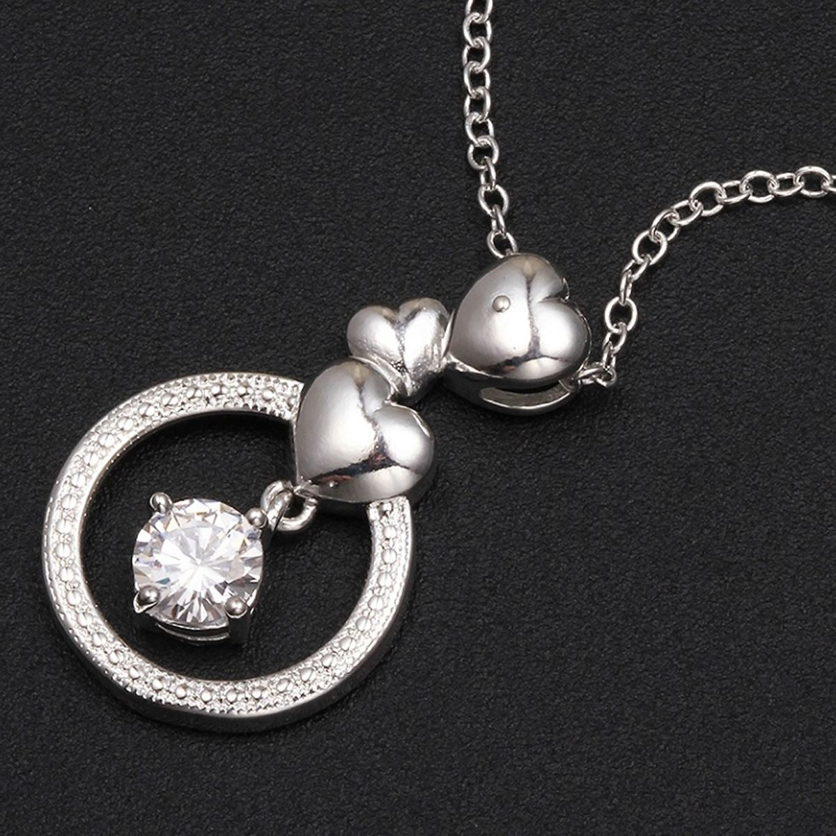 Women's Ladies Silver Plated Hearts Love Pendant Necklace With Circle & Crystal Stone Uk Seller