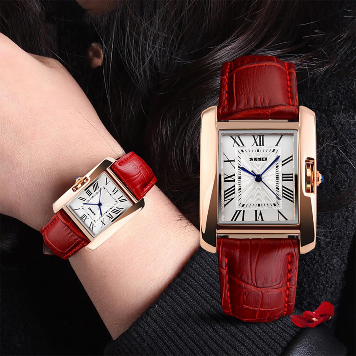 Skmei Beautiful Women's Ladies Watch Square Rose Gold Roman Numerals Genuine Leather Strap 1085R