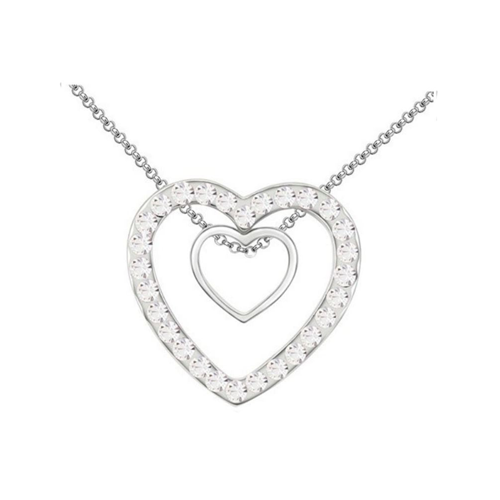 Double Silver Two Hearts Pendant Crystal Clear Stones Necklace Christmas Gift Present UK