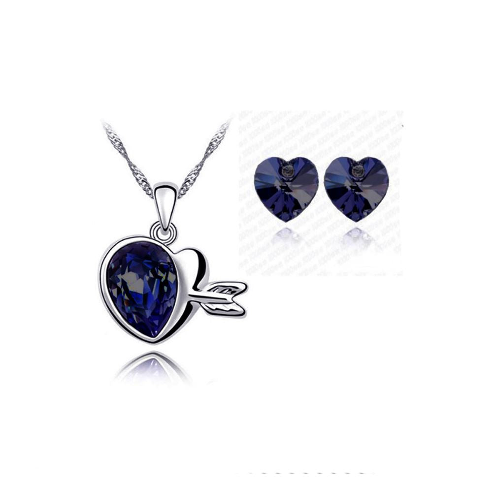 Crystal Love Hearts Silver Elegant Drop Earrings & Necklace Jewellery Set Dark Purple