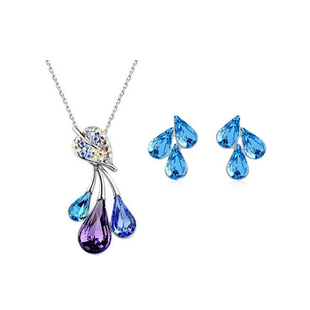 Rainbow Women's Jewellery Set Flower Leaf Waterdrop Pendant Necklace & Earrings  UK BG1487