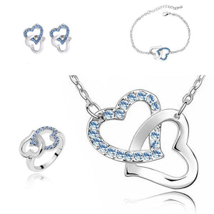 Light Blue Stones Hearts Jewellery Set With Matching Necklace, Earrings, Bracelet & Ring